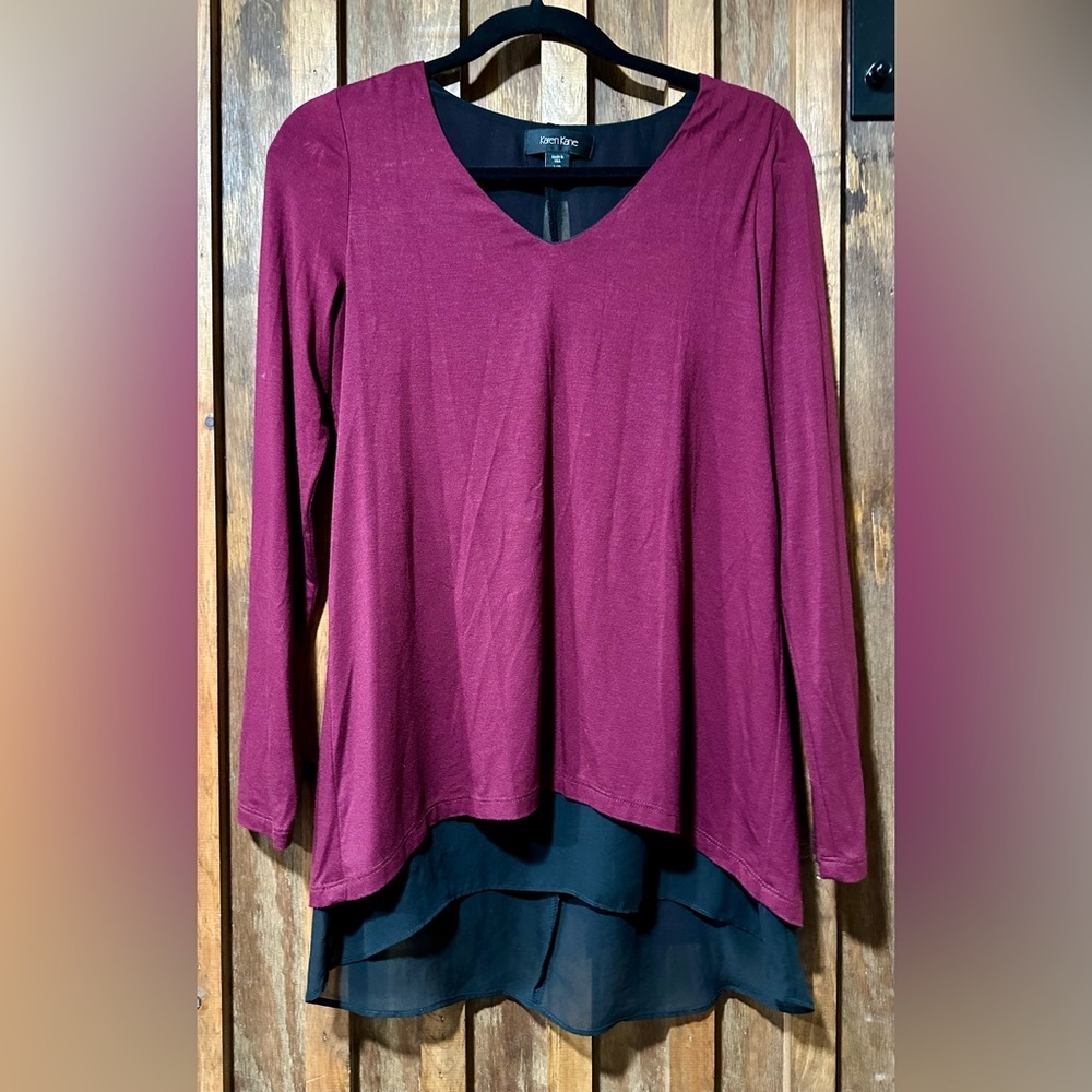 Karen Kane Wine Red & Black Long Sleeve Shirt XS